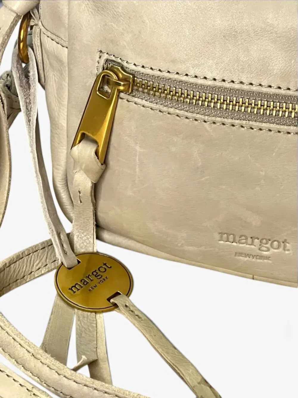 Margot New York Leather Crossbody Bag Beige With Gold Hardware Adjustable Strap
